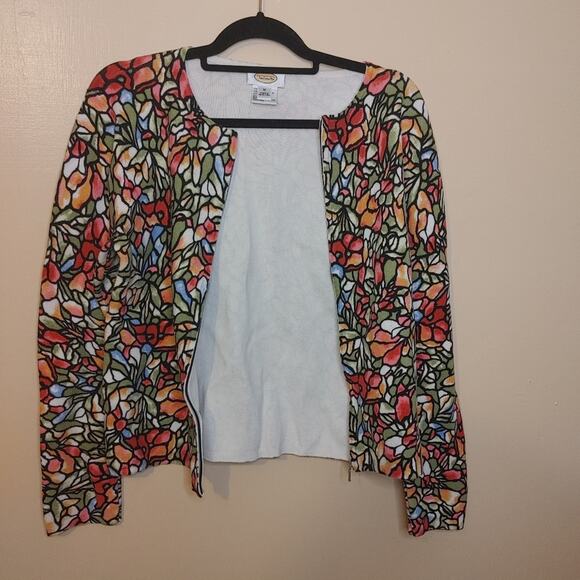 Talbots Size Medium Cotton Zipper Stained Glass Sweater Abstract Floral Print - Picture 5 of 9